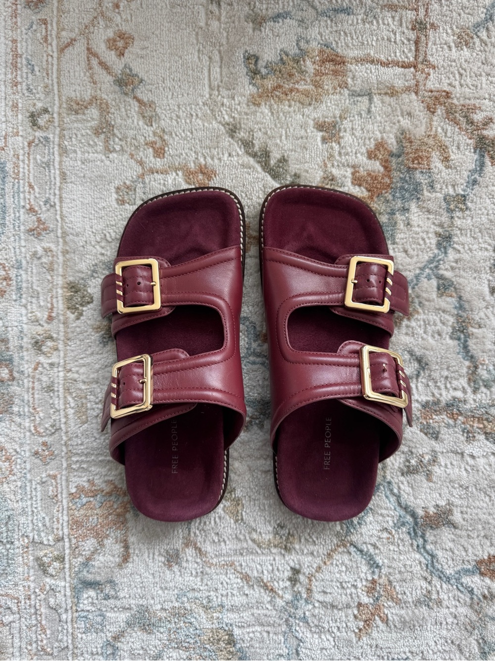 FREE PEOPLE Sage Squared Toe Footbed Slides in Cabernet Leather 7